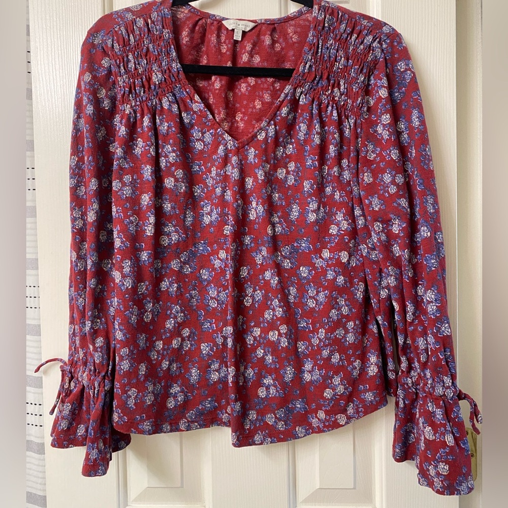 Lucky Brand Red Floral Ruched Long Sleeve Balloon Sleeve Top Size Large